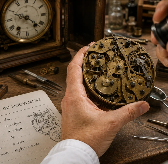Horloger inspectant le mouvement d’une horloge ancienne qui ne tient plus l’heure