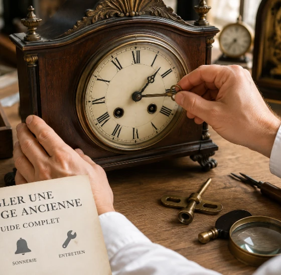 Horloger réglant le balancier d’une horloge ancienne qui retarde ou avance