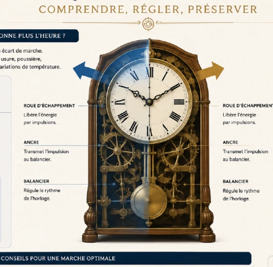 Infographie expliquant comment régler une horloge ancienne qui retarde ou avance