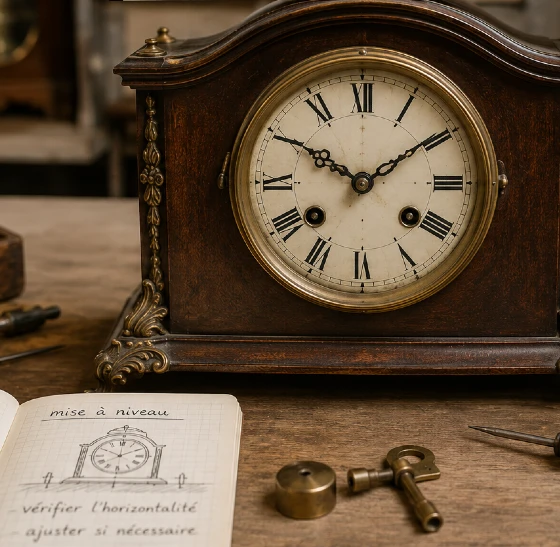 Contrôle de la mise à niveau d’une horloge ancienne avant réglage du balancier