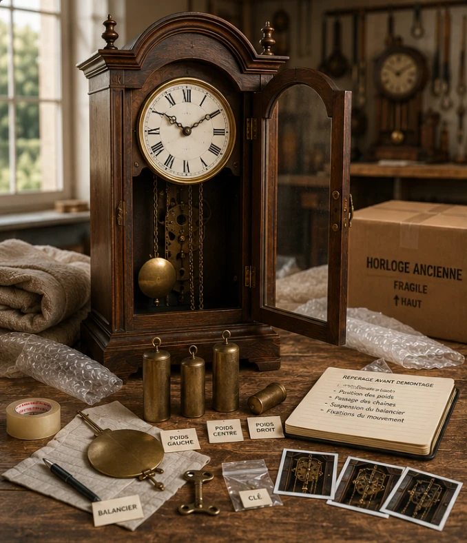Horloge ancienne en bois préparée avec des couvertures et des protections avant son transport
